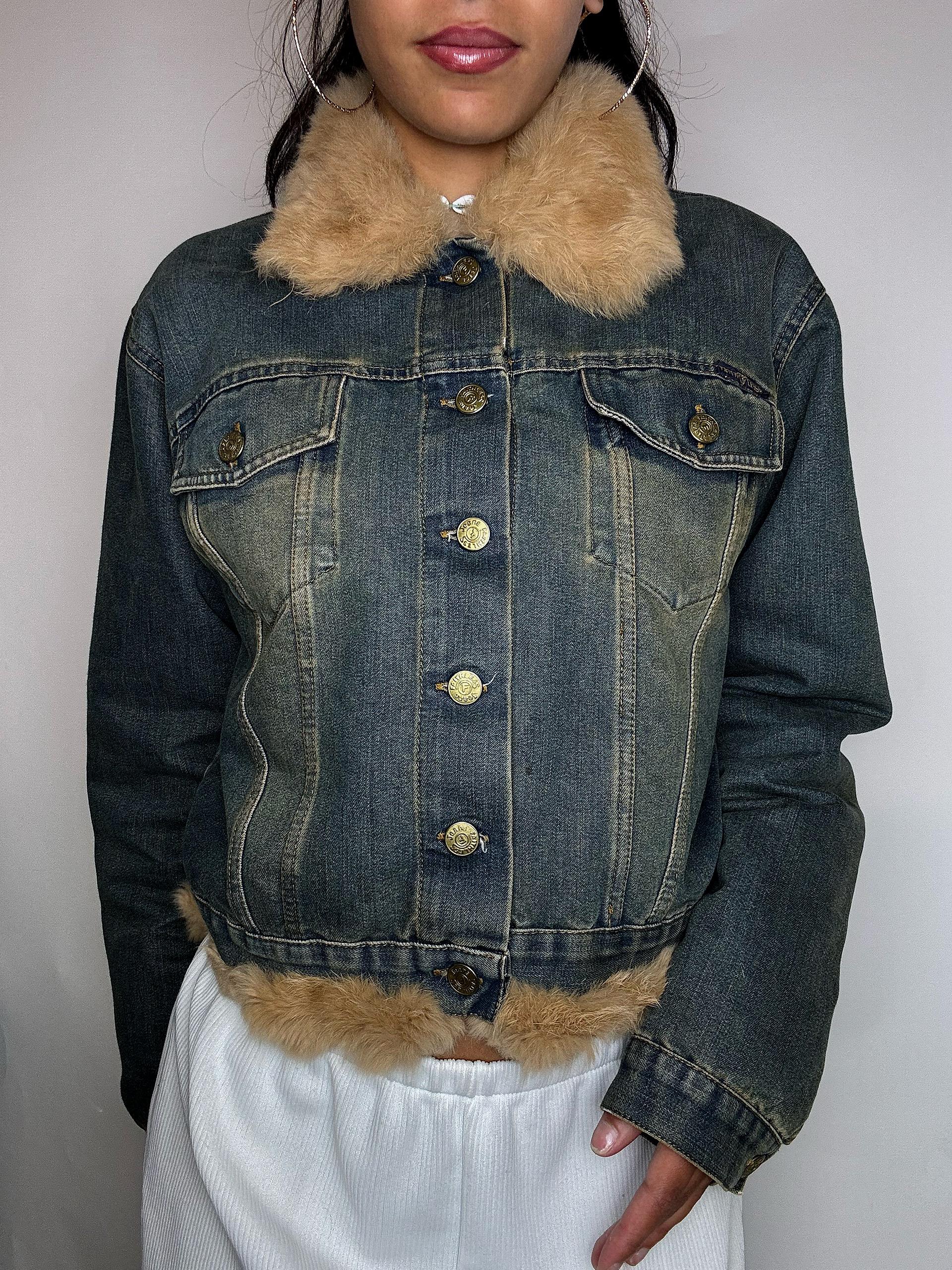 Veste courte en denim vert fourée