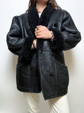 Black leather and shearling coat M/L 