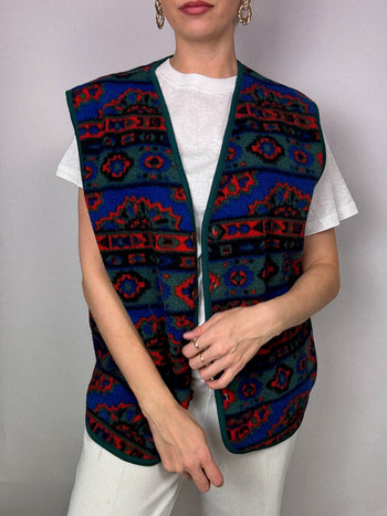 Gilet à motifs bleu/vert/rouge à boutons