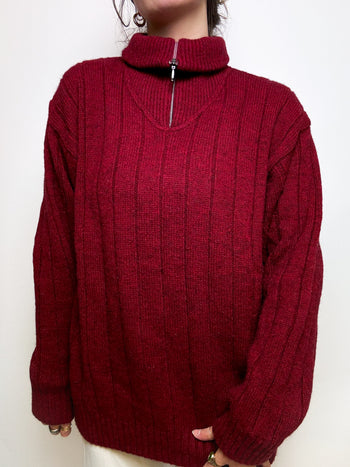 Red wool sweater with Vintage zip L/XL 