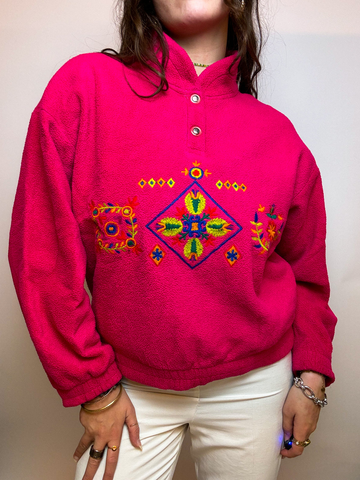 Pink fleece sweater with vintage snap buttons M 