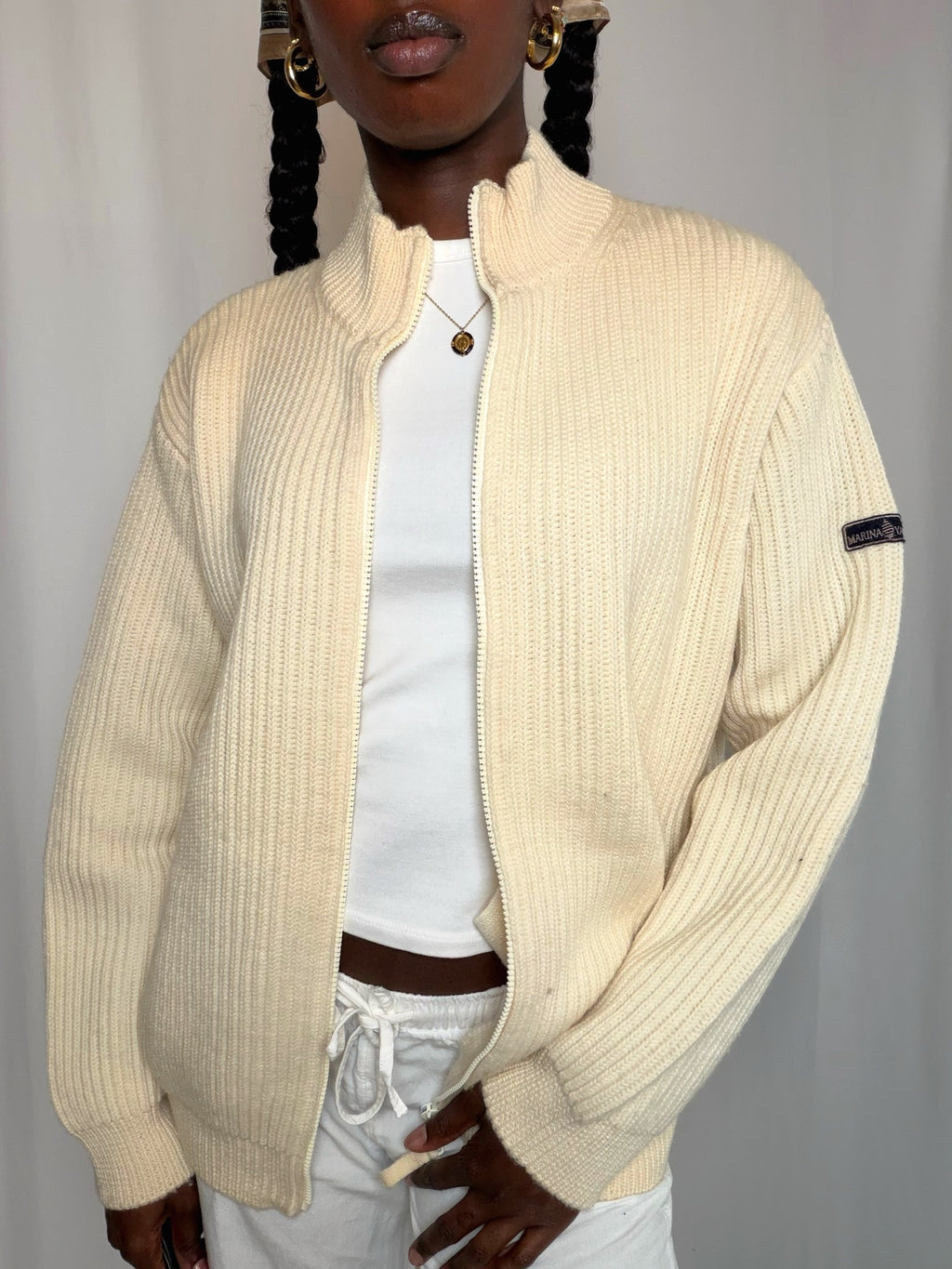 Cardigan à zip Écru Marina Yachting L vintage