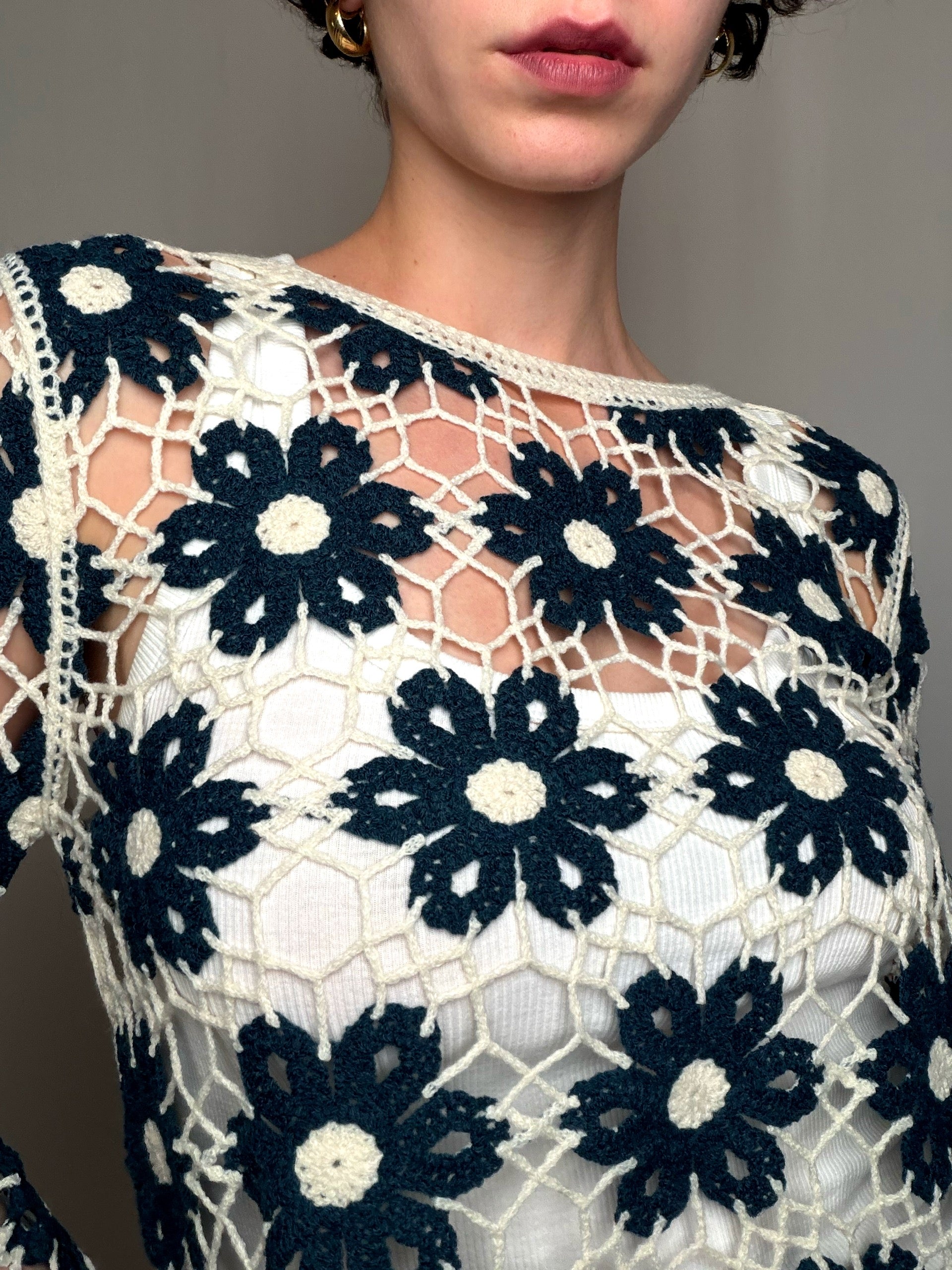 Top en crochet Noir Et Écru S/M vintage