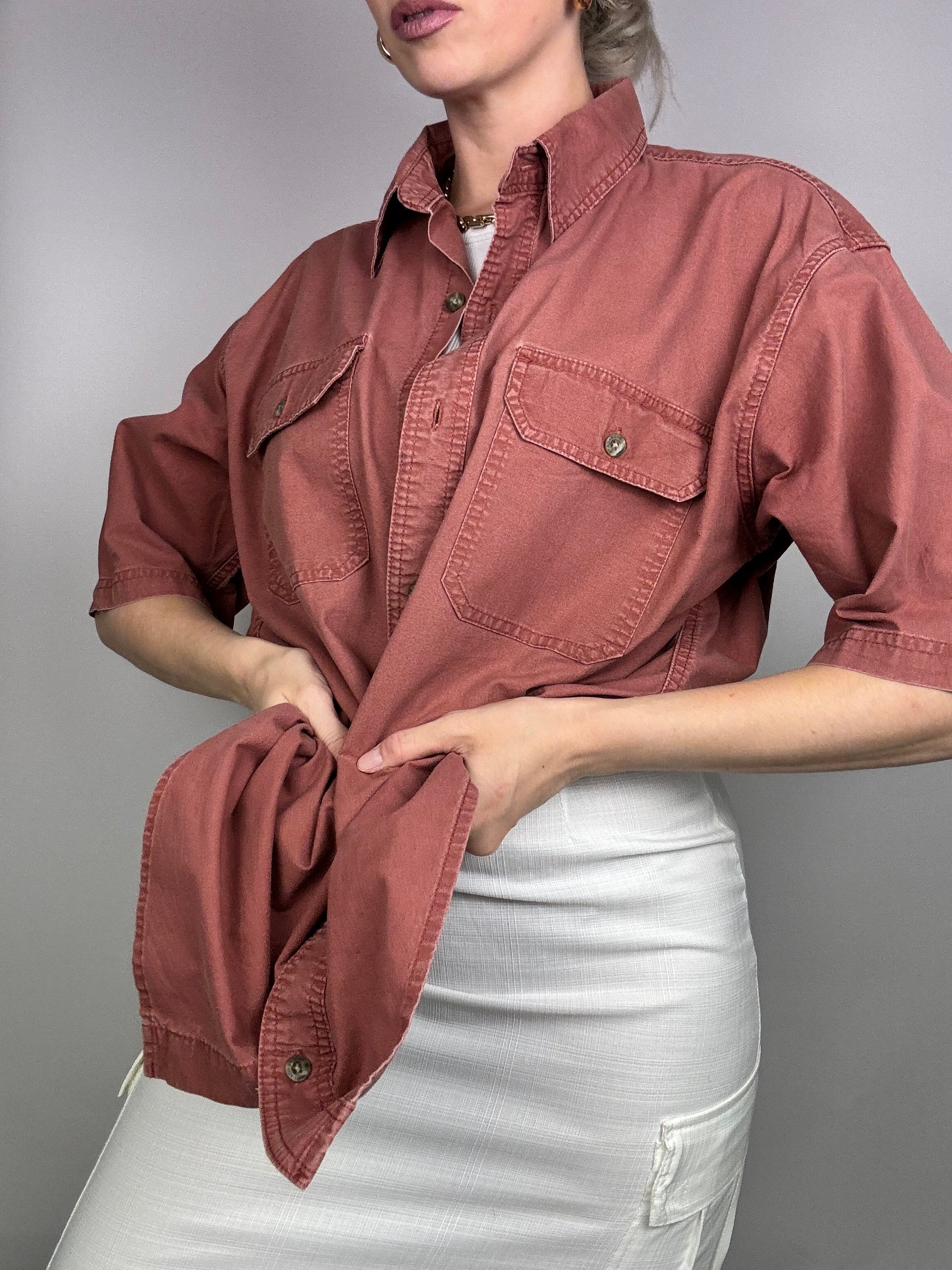 Chemise manche courte denim rouge délavé
