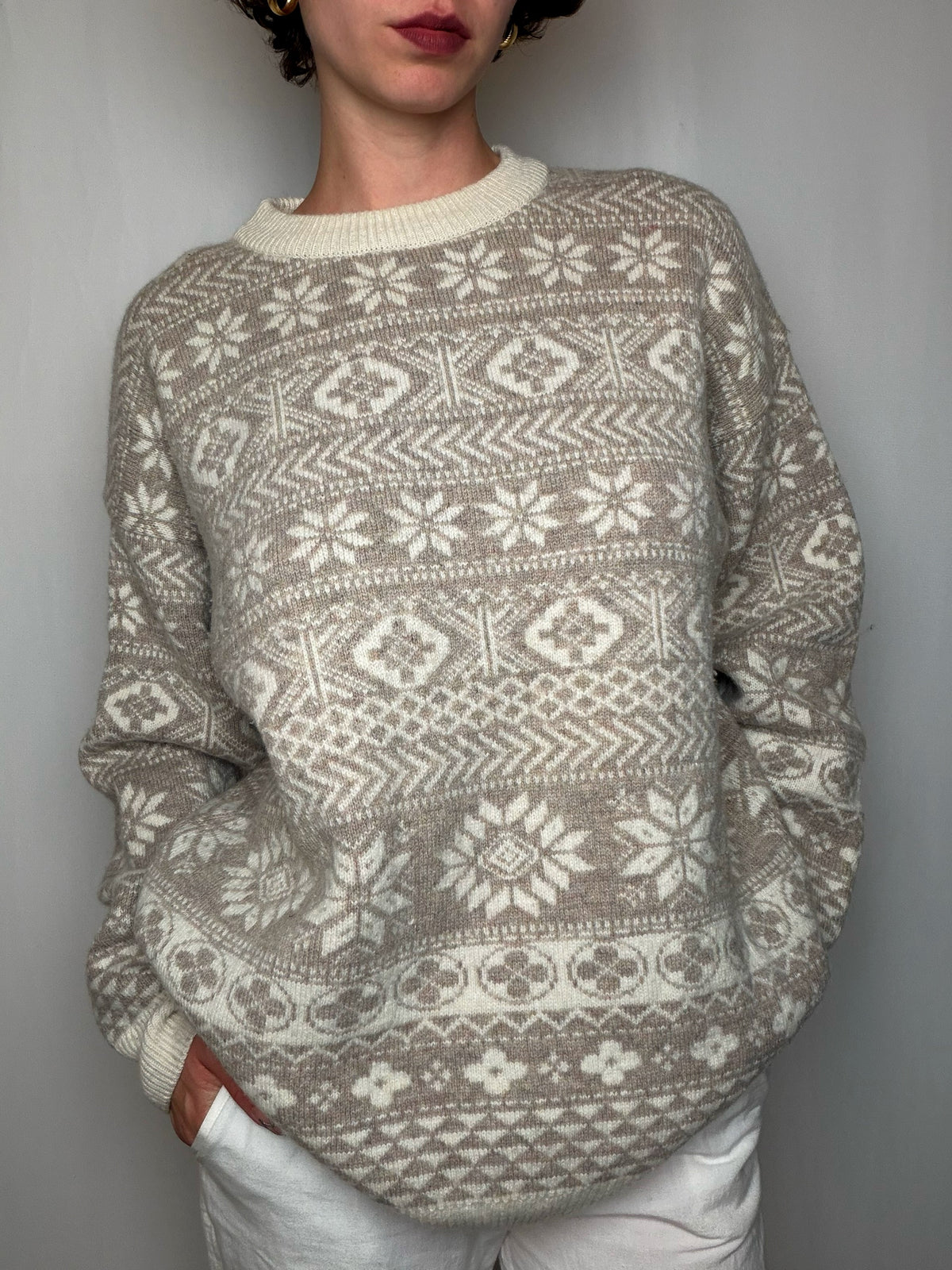 Pull imprimé beige M vintage