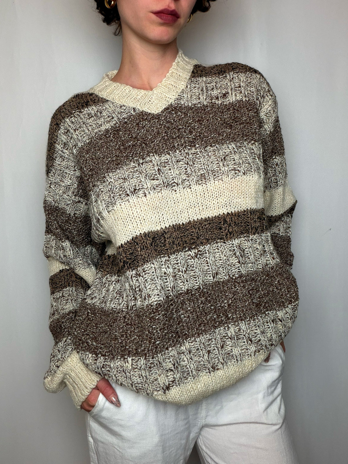 Pull Rayé Écru Et Brun L vintage