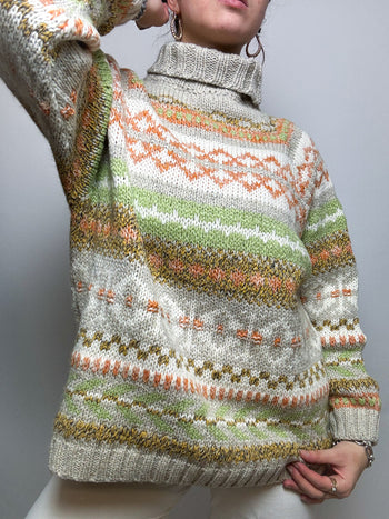 Vintage wool sweater rolled white, orange and green M/L