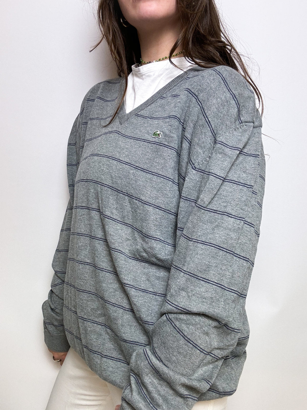 Gray striped V-neck sweater Lacoste L 