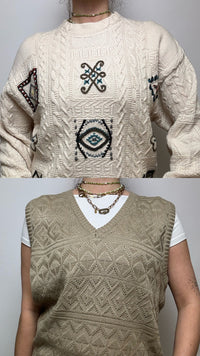Paket 3 – Gemusterter weißer Strickpullover + Vintage-Weste M/L