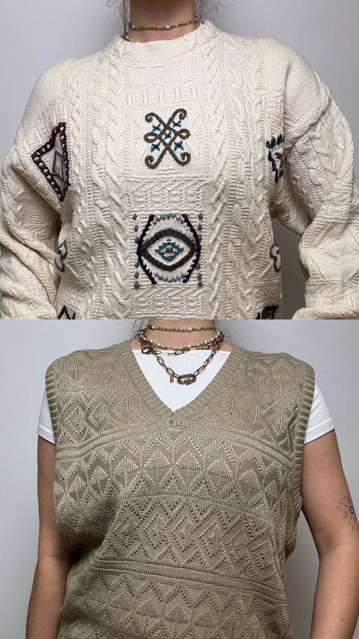 Paket 3 – Gemusterter weißer Strickpullover + Vintage-Weste M/L