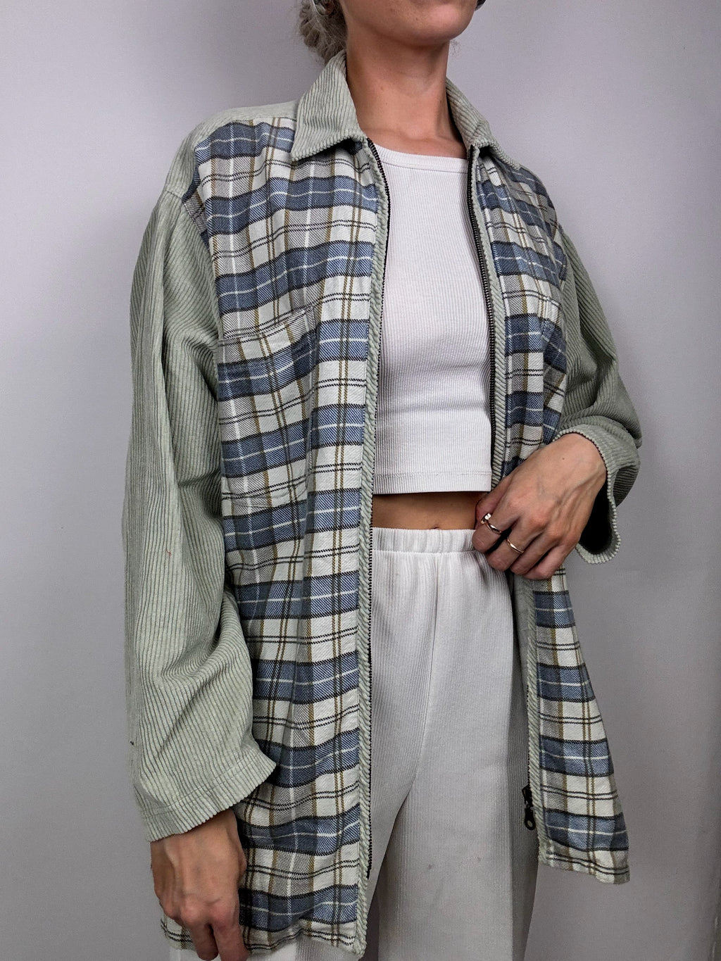 Vintage blue and gray plaid shirt with mesh sleeves