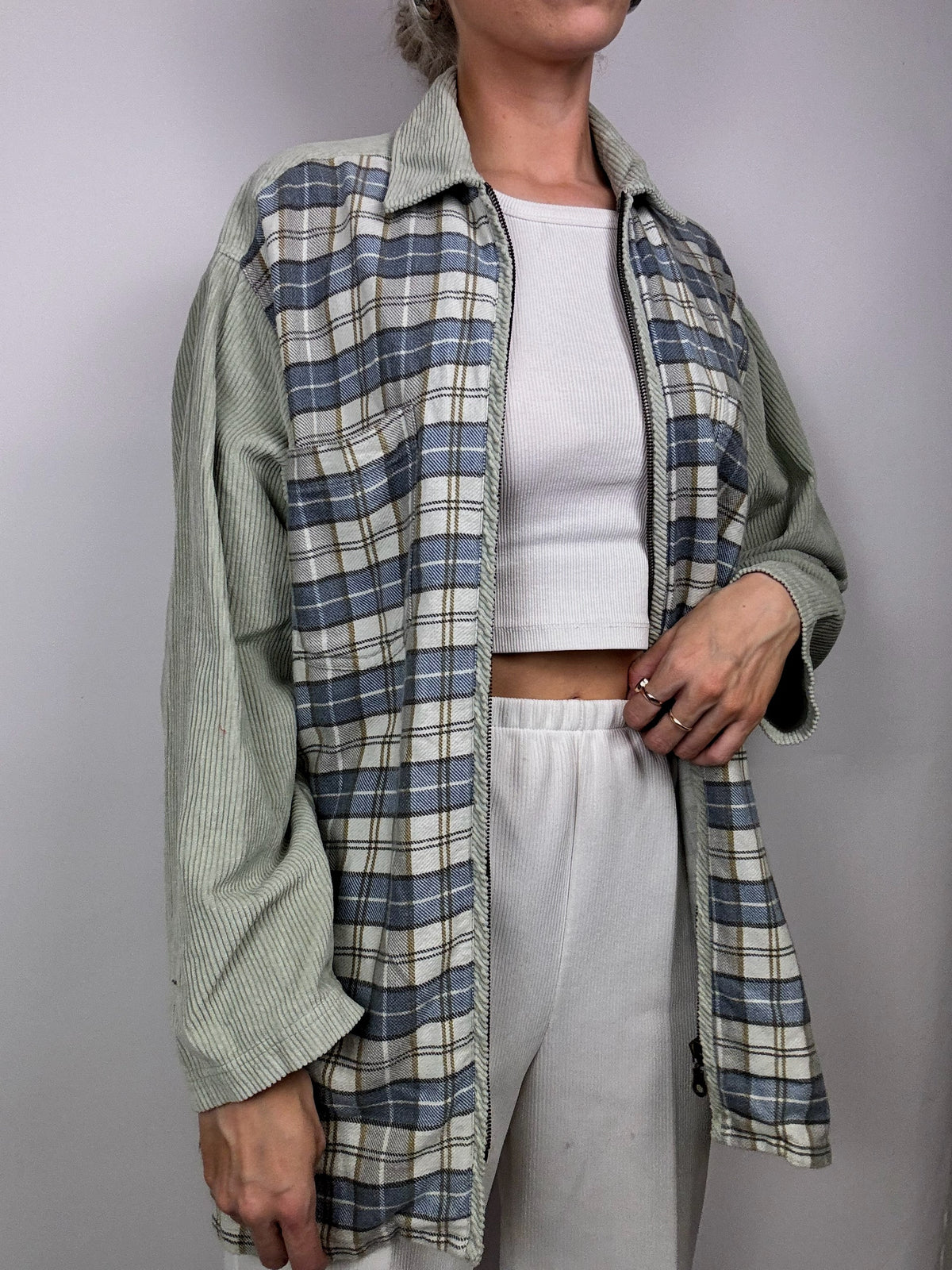 Vintage blue and gray plaid shirt with mesh sleeves