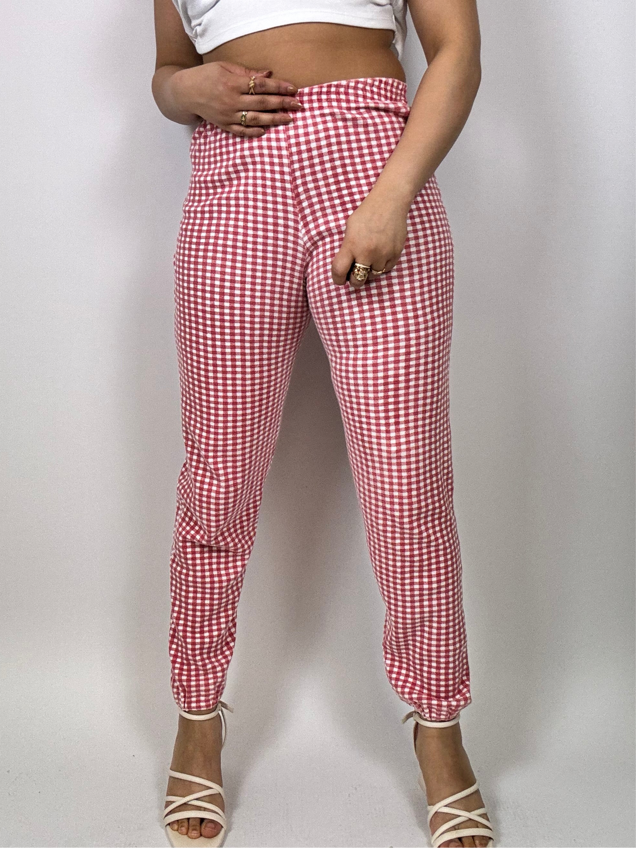 Pantalon “pyjamas” vintage banc et rouge à carreaux