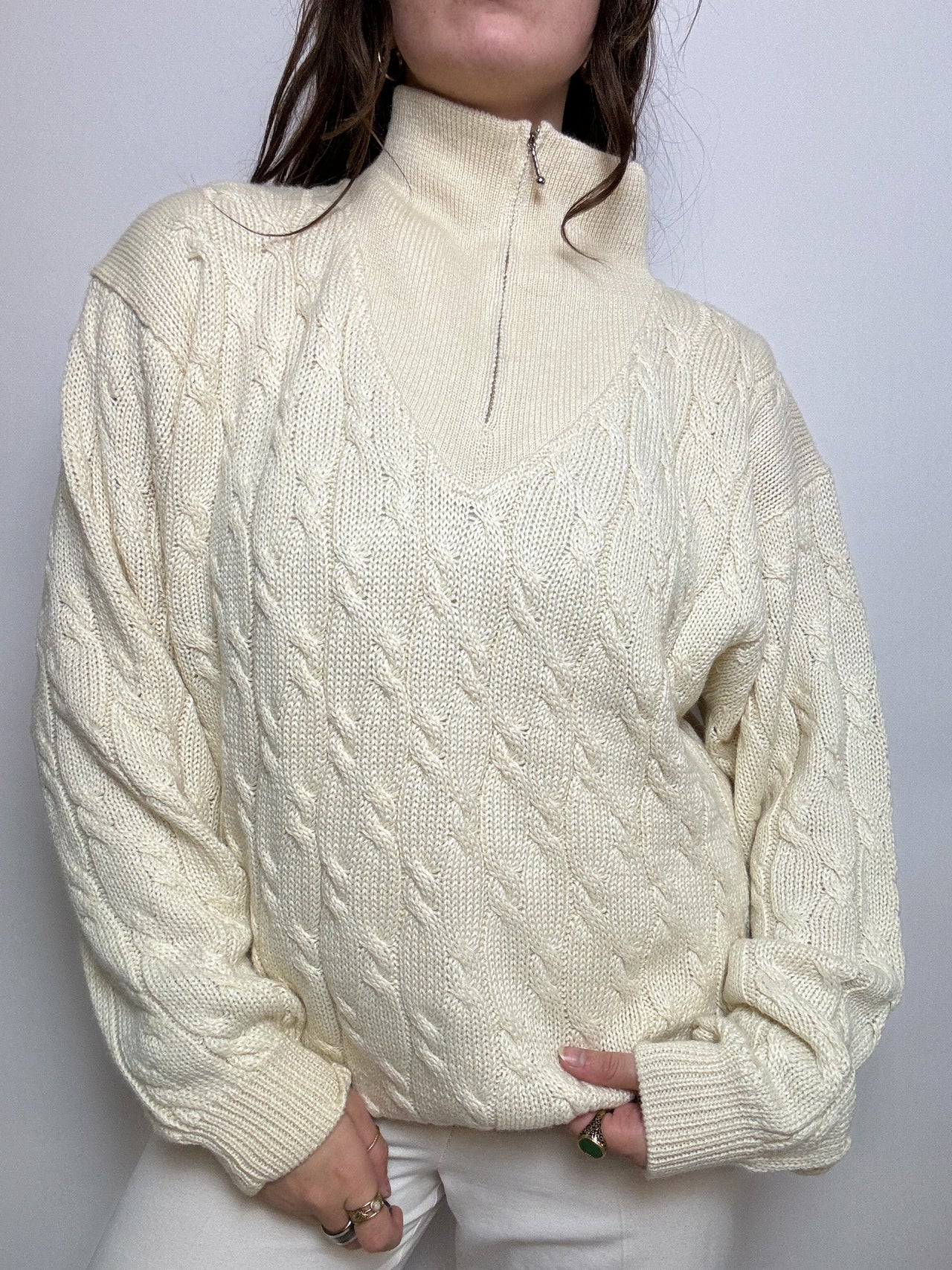 Cream white wool sweater with vintage zip L/XL 