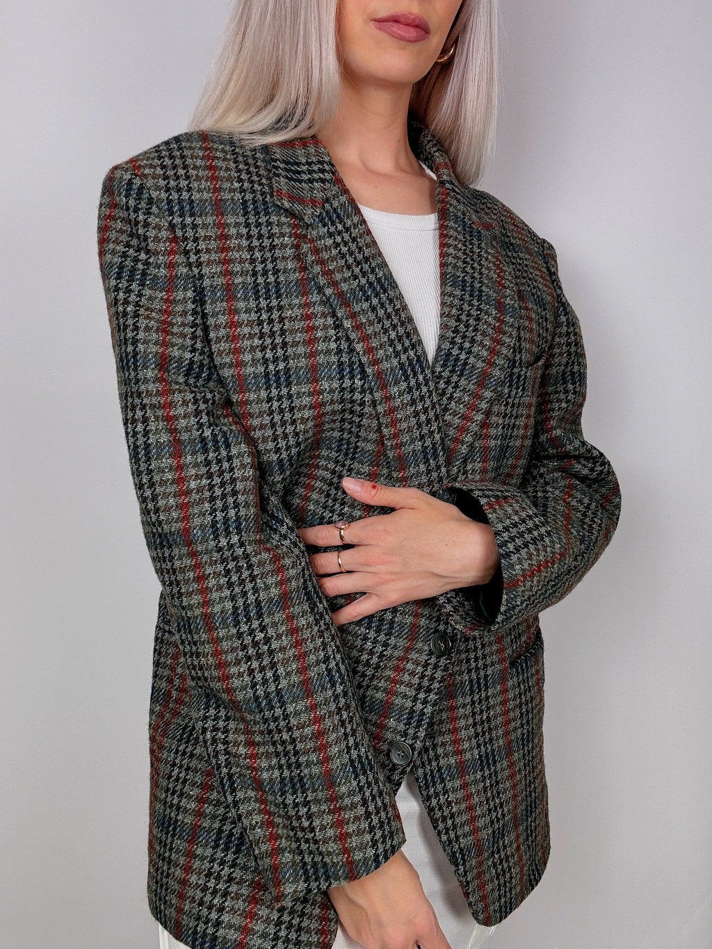 Vintage grey-blue plaid blazer jacket