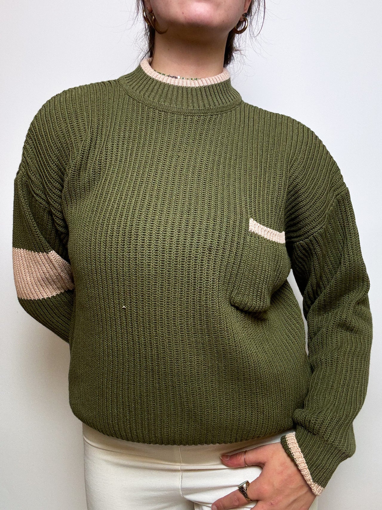 Khakifarbener Vintage-Stehkragenpullover M