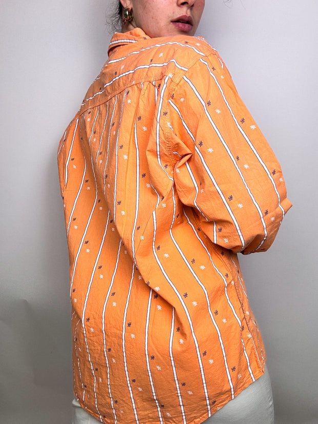 Chemise orange avec motifs bleu foncé et blanc vintage L