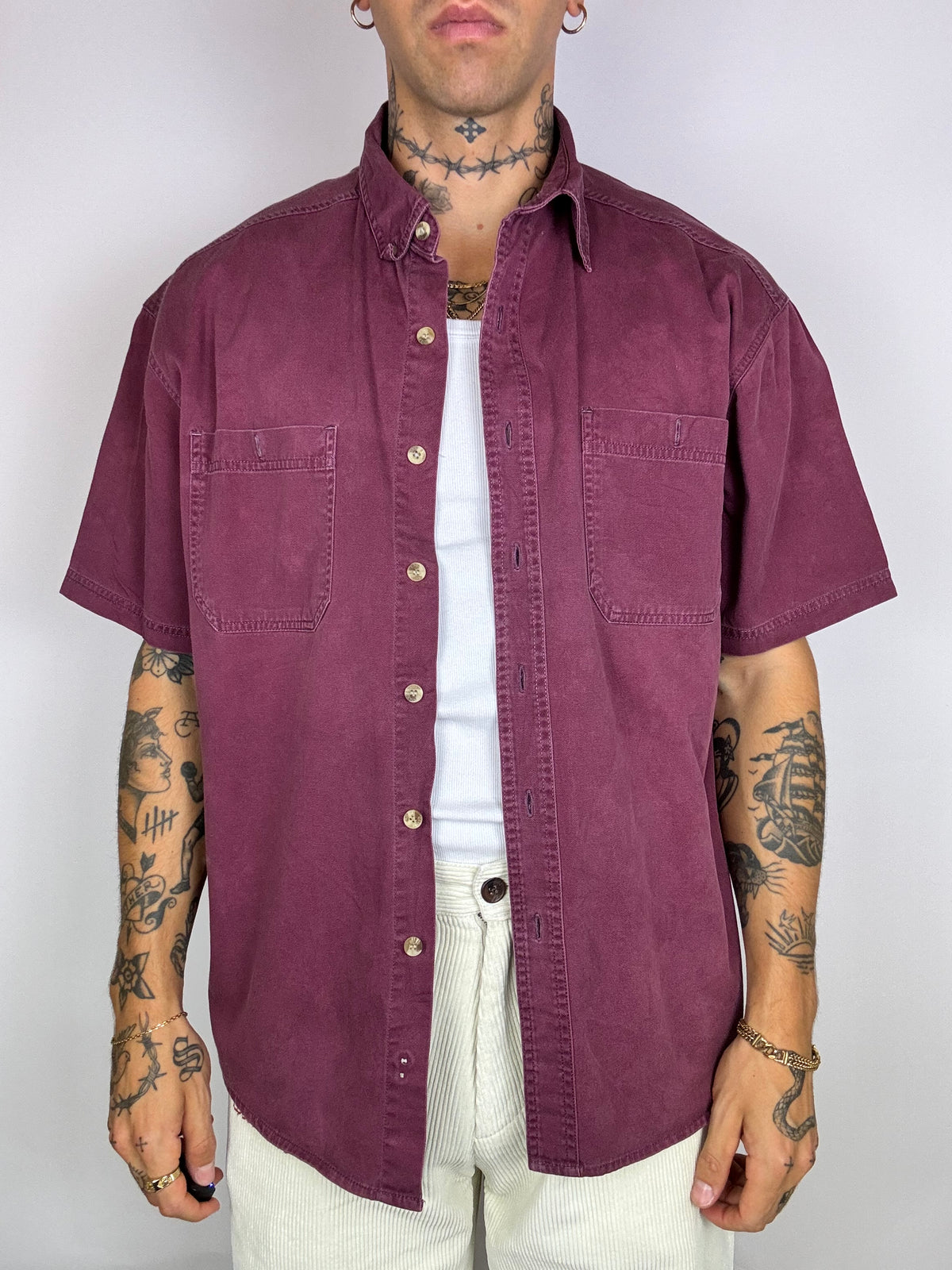 Burgundy denim short sleeve shirt