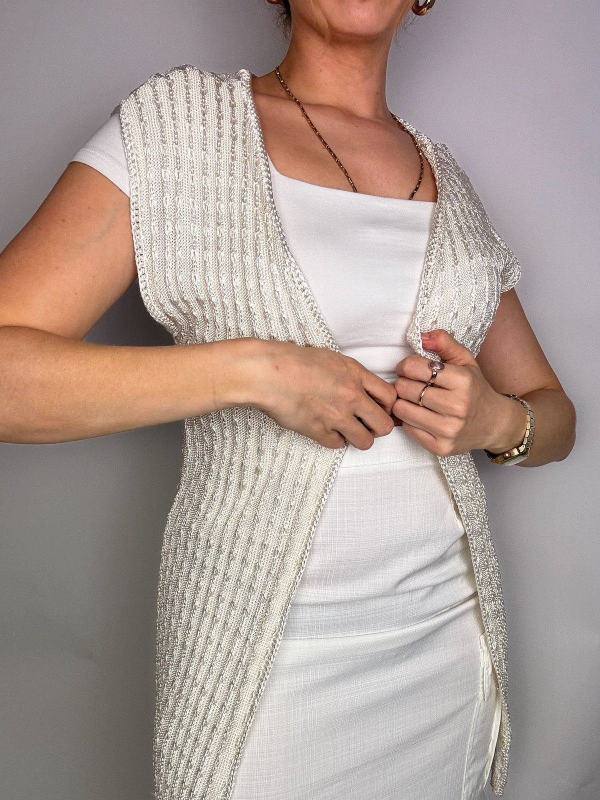 Gilet sans manche blanc cassé en crochet vintage