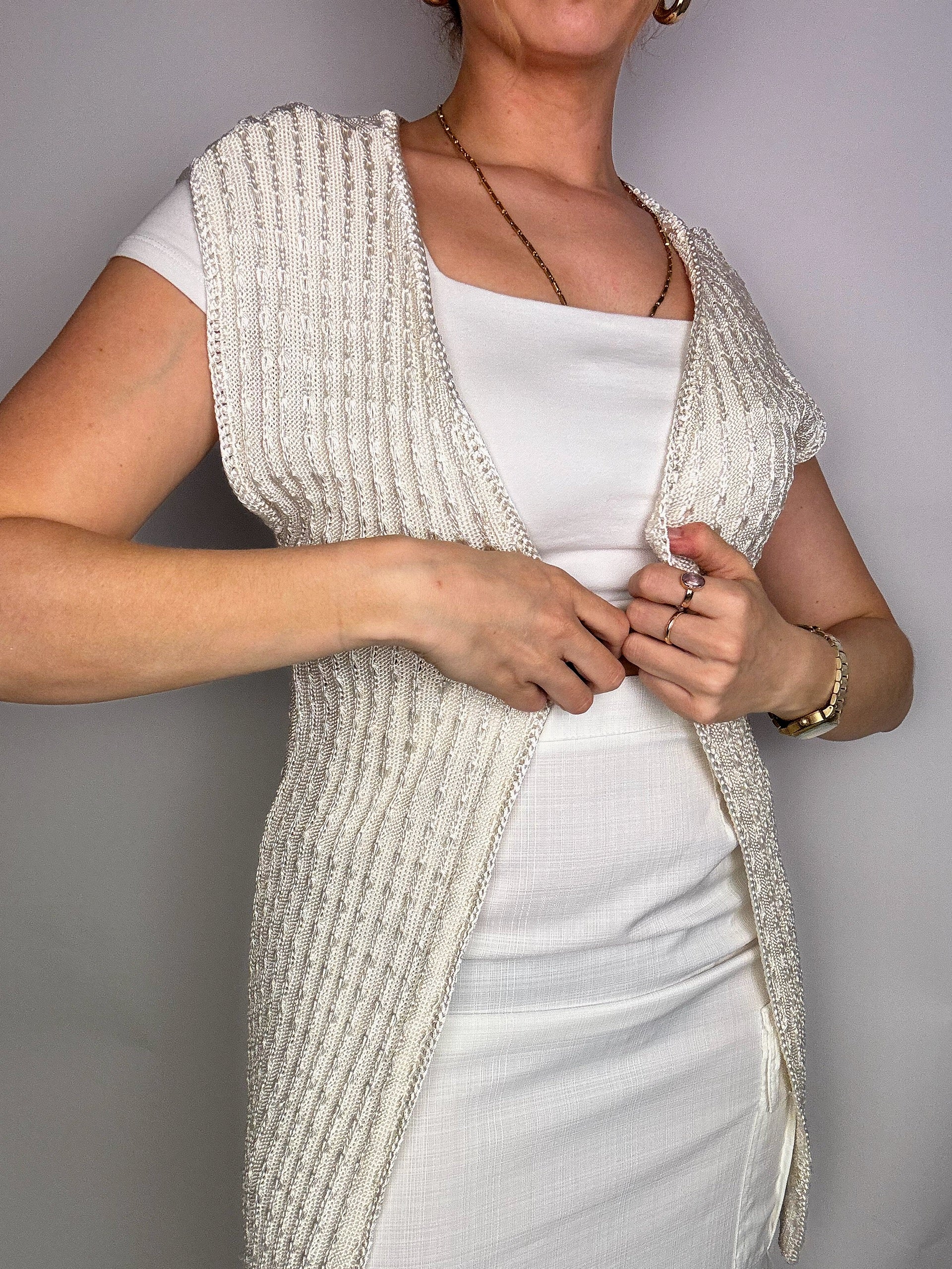Gilet sans manche blanc cassé en crochet vintage