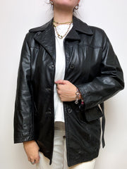 Short black vintage leather coat M 