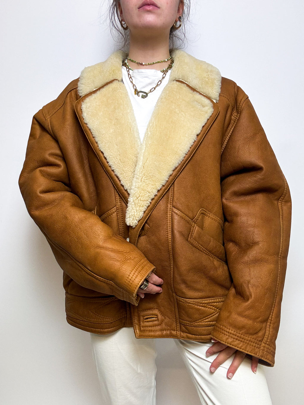 Manteau en cuir et mouton retourné brun L