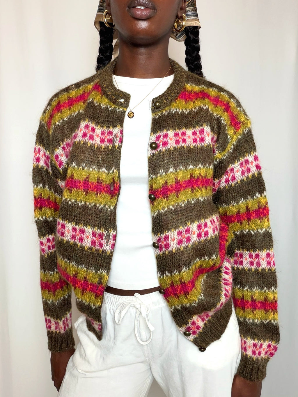 Cardigan rayé vert et rose Benetton S vintage