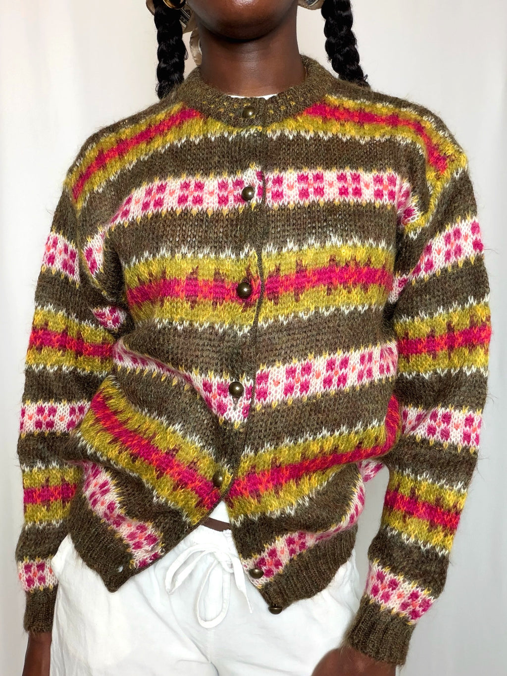 Cardigan rayé vert et rose Benetton S vintage