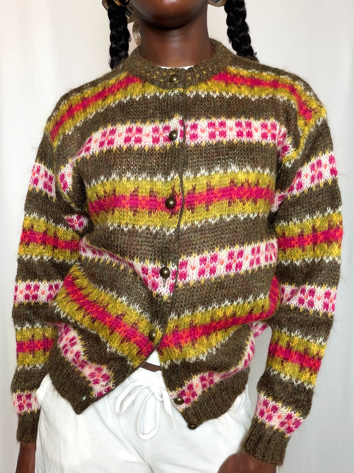 Cardigan rayé vert et rose Benetton S vintage