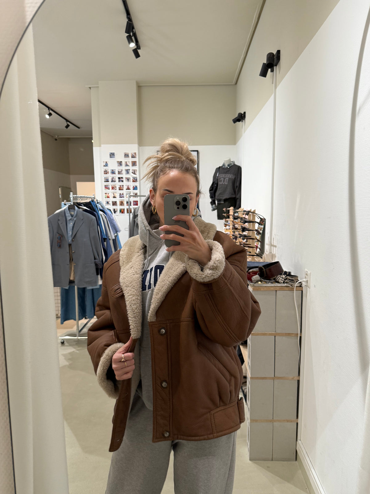 Brauner Shearling-Mantel XL
