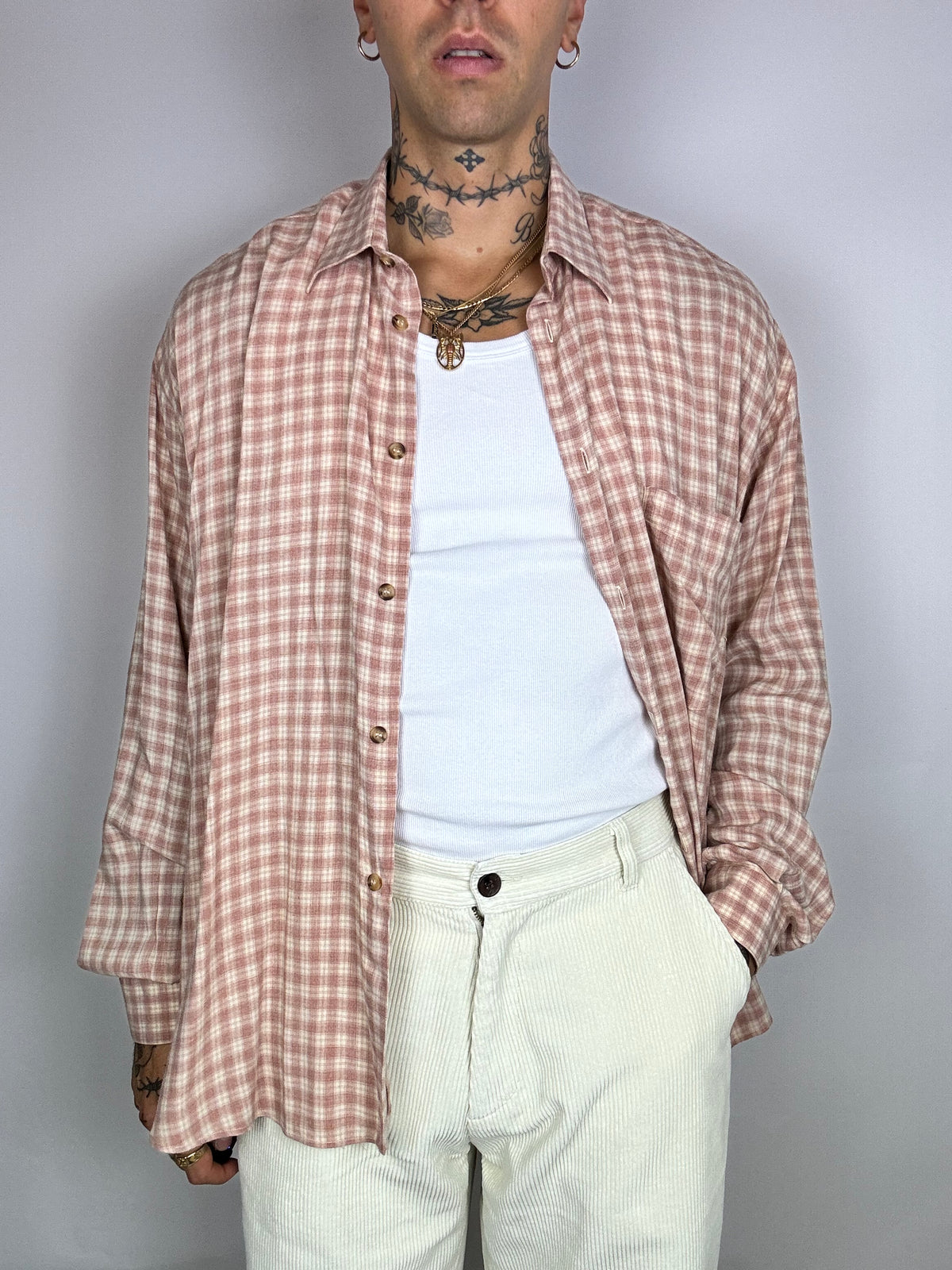 Loose-fitting checked shirt in vintage salmon tones