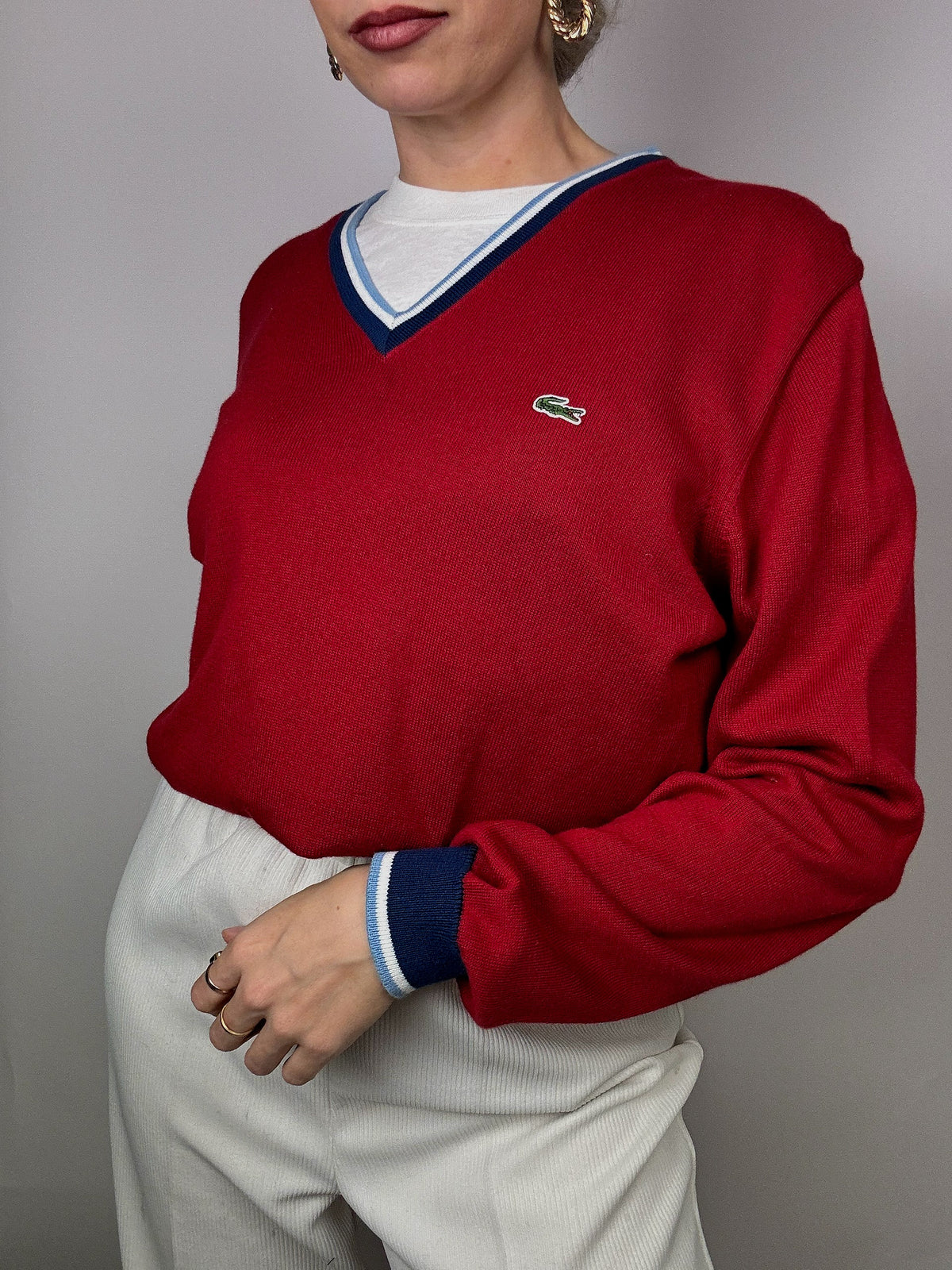 Lacoste pink and blue V-neck sweater