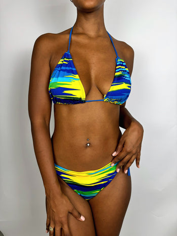 Blue two-piece swimsuit with adjustable yellow pattern