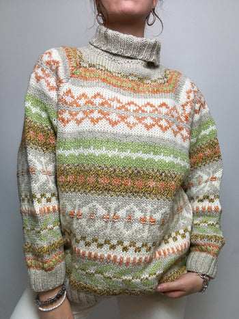 Vintage wool sweater rolled white, orange and green M/L