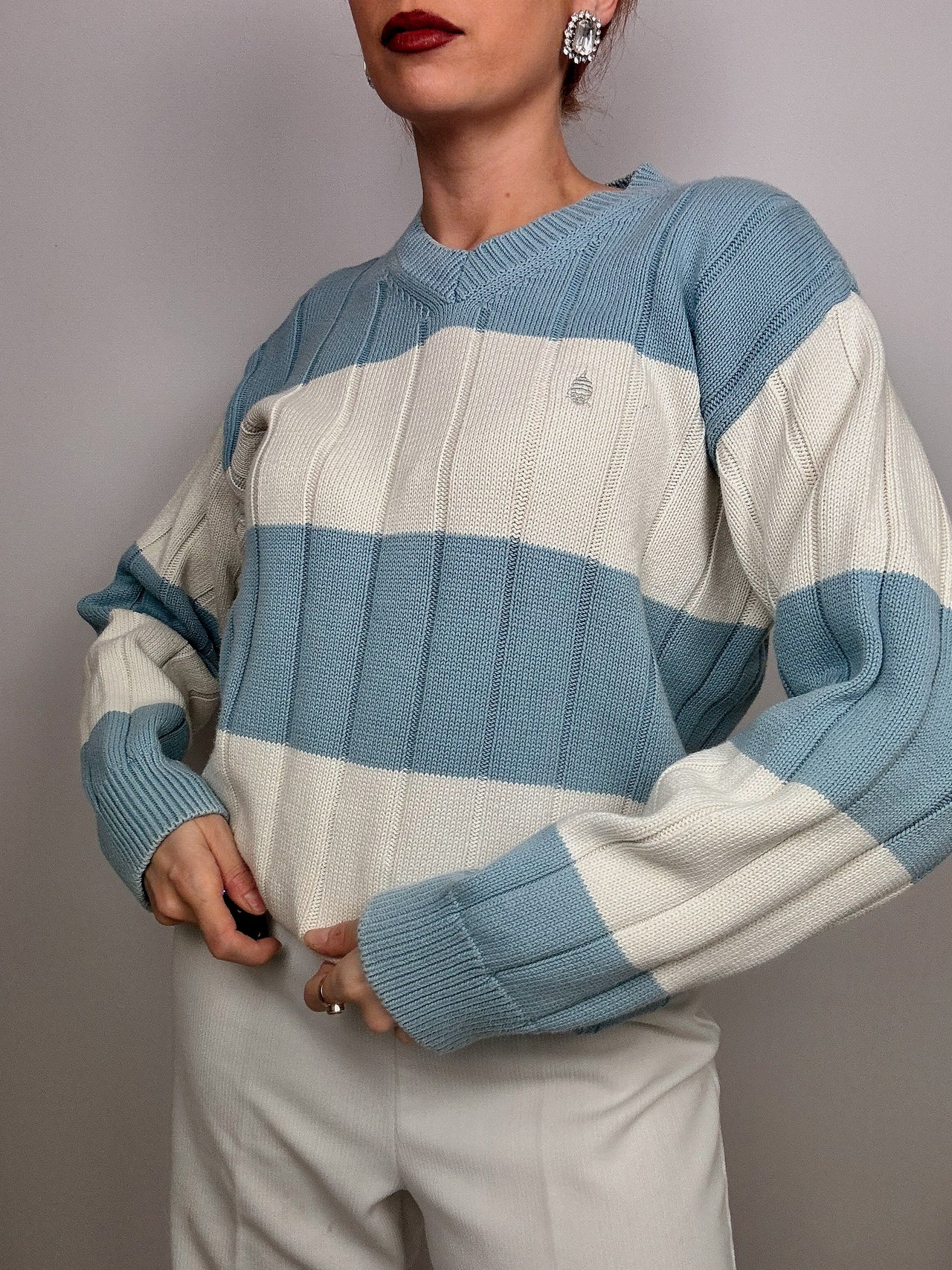 Pull en maille bleu/ blanc Vintage