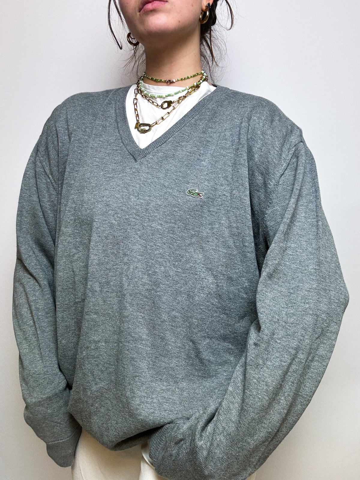 Gray V-neck sweater Lacoste vintage M/L