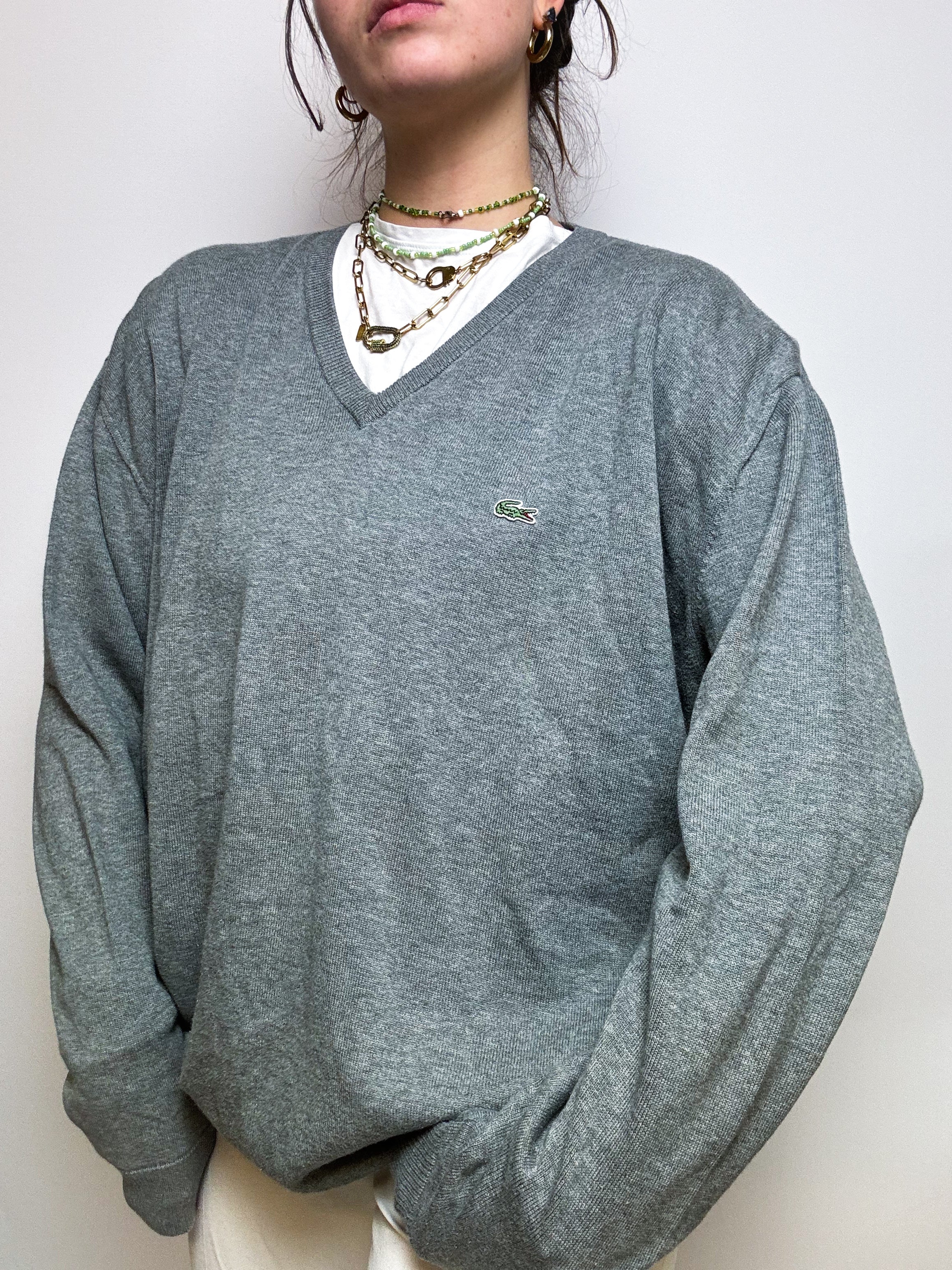 Gray V-neck sweater Lacoste vintage M/L
