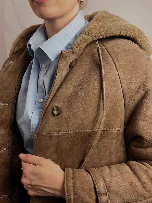 Manteau vintage en mouton retourné taupe avec capuche S