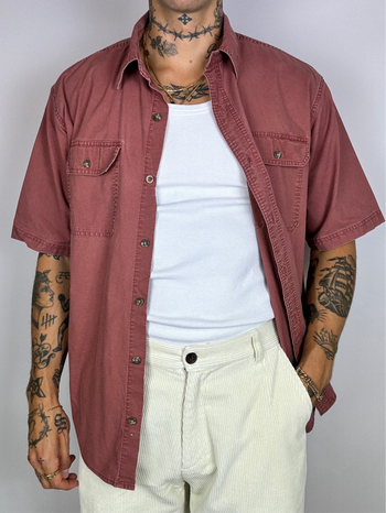 Faded red denim short sleeve shirt