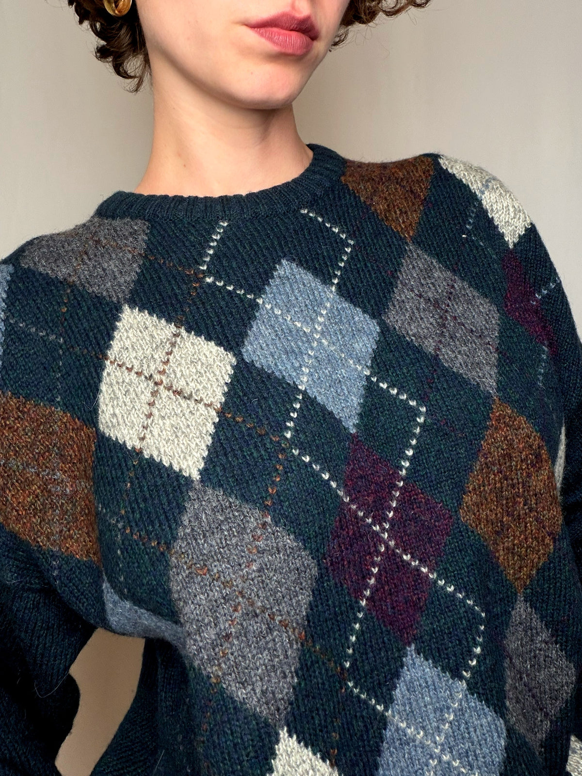 Pull bleu marine à motifs argyle vintage