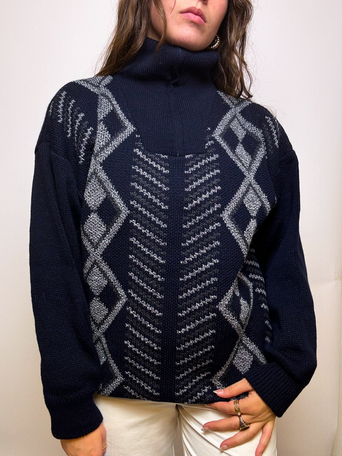 Dark blue sweater with vintage zip L 