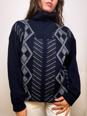 Dark blue sweater with vintage zip L 