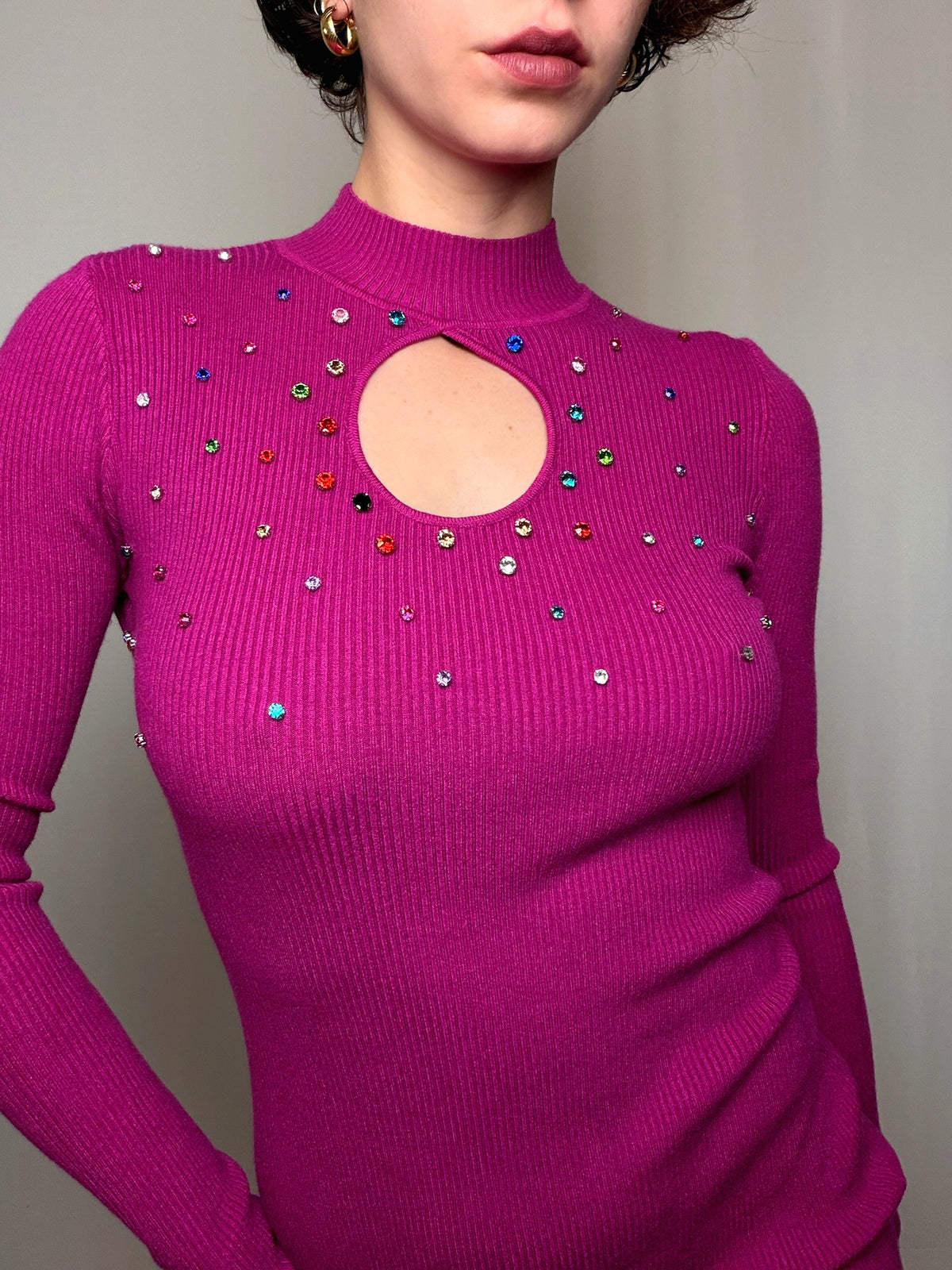 Robe pull fuschia à strass S vintage