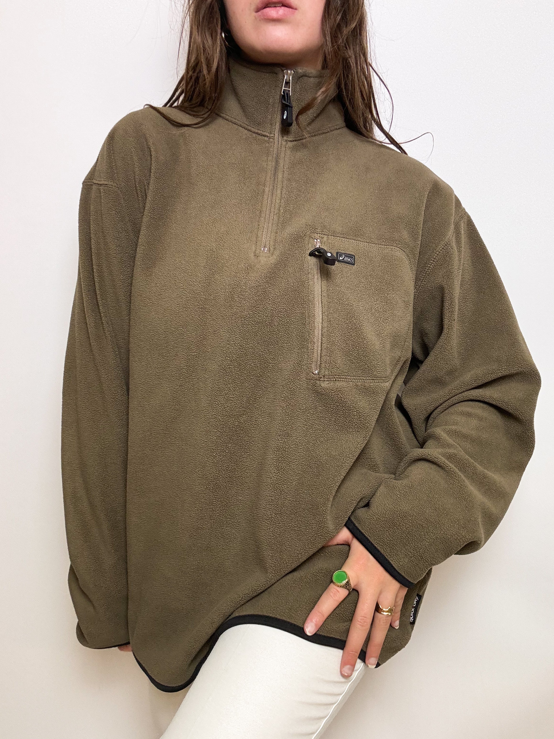 Vintage khaki Asics fleece sweater L/XL 