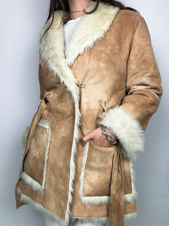 Light brown reversed faux fur coat L 