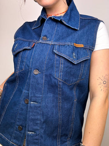 Vintage sleeveless denim vest with pockets dark blue M