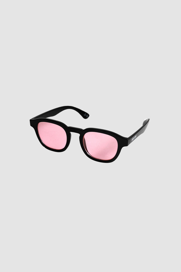 Vintage recycelte runde schwarze Brille mit rosa Gläsern 