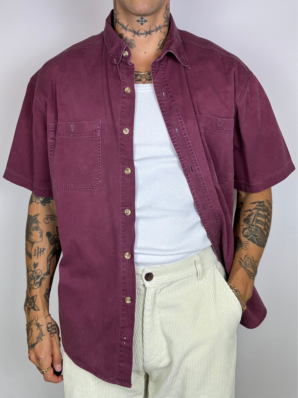 Burgundy denim short sleeve shirt