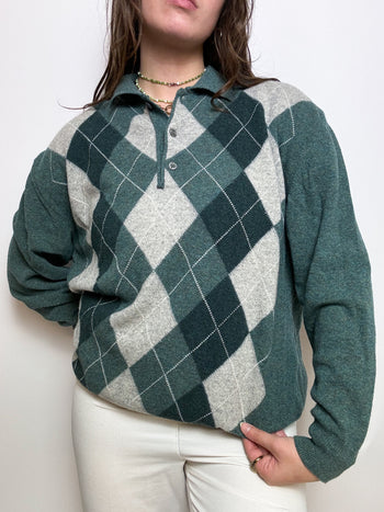 Green wool sweater with vintage collar S/M