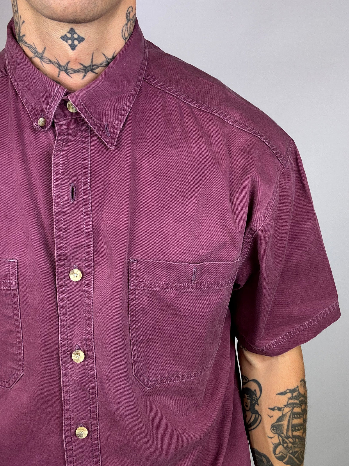 Burgundy denim short sleeve shirt